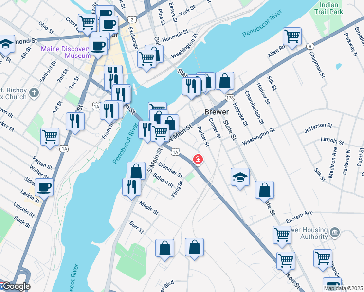 map of restaurants, bars, coffee shops, grocery stores, and more near 91 Union Street in Brewer