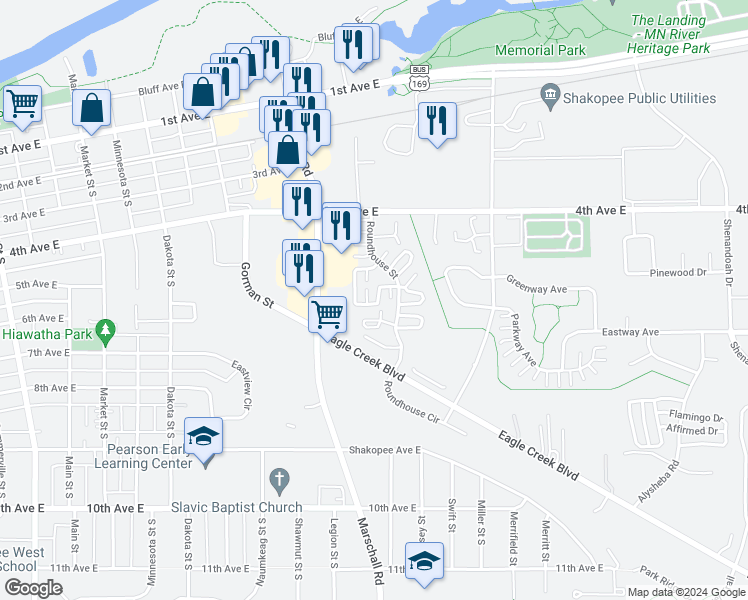 map of restaurants, bars, coffee shops, grocery stores, and more near 628 Roundhouse Street in Shakopee