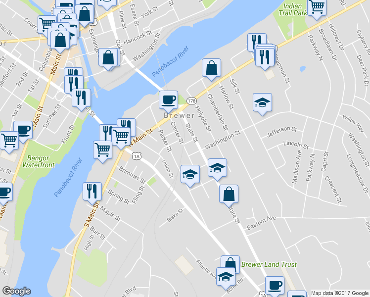 map of restaurants, bars, coffee shops, grocery stores, and more near 84 Parker Street in Brewer