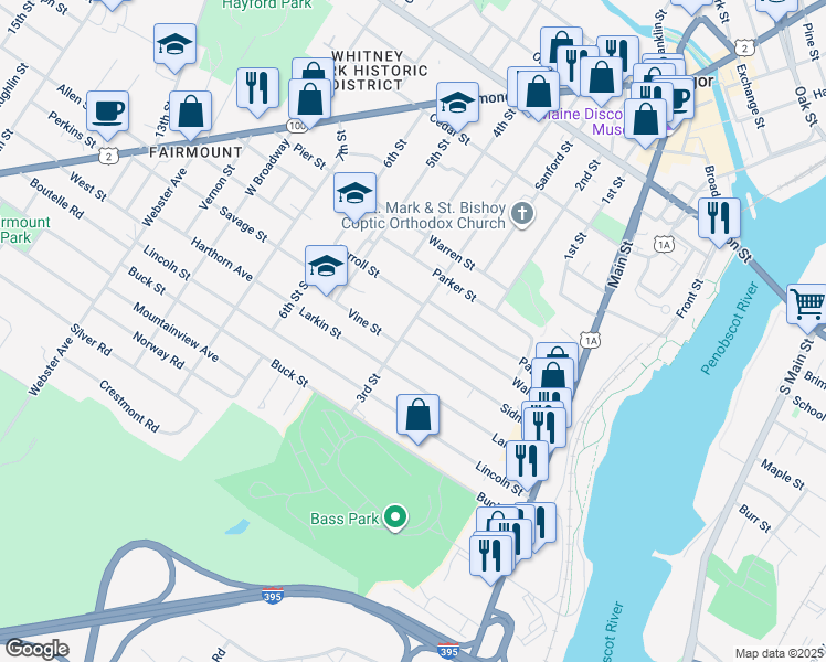 map of restaurants, bars, coffee shops, grocery stores, and more near 203 3rd Street in Bangor
