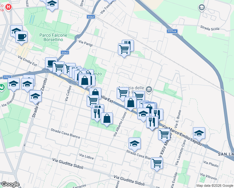 map of restaurants, bars, coffee shops, grocery stores, and more near 113 Via Emilia Est in Parma