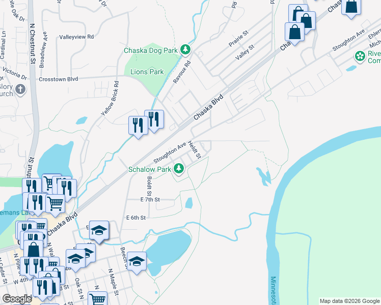 map of restaurants, bars, coffee shops, grocery stores, and more near 970 Heldt Street in Chaska