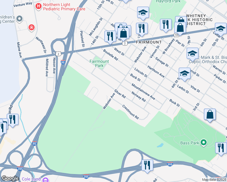map of restaurants, bars, coffee shops, grocery stores, and more near 189 Webster Avenue in Bangor