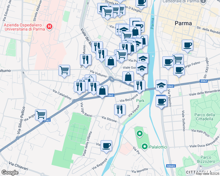 map of restaurants, bars, coffee shops, grocery stores, and more near 2 Viale della Villetta in Parma