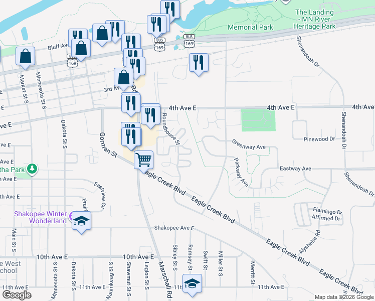 map of restaurants, bars, coffee shops, grocery stores, and more near 669 Roundhouse Street in Shakopee