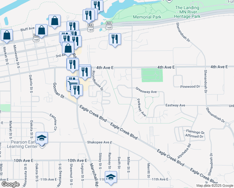 map of restaurants, bars, coffee shops, grocery stores, and more near 1656 Parkway Avenue in Shakopee