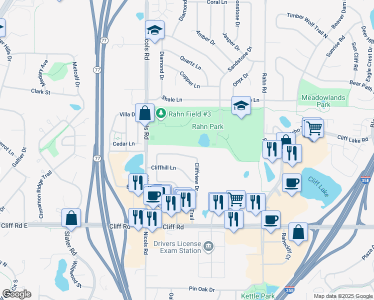 map of restaurants, bars, coffee shops, grocery stores, and more near 2115 Cliffview Drive in Eagan