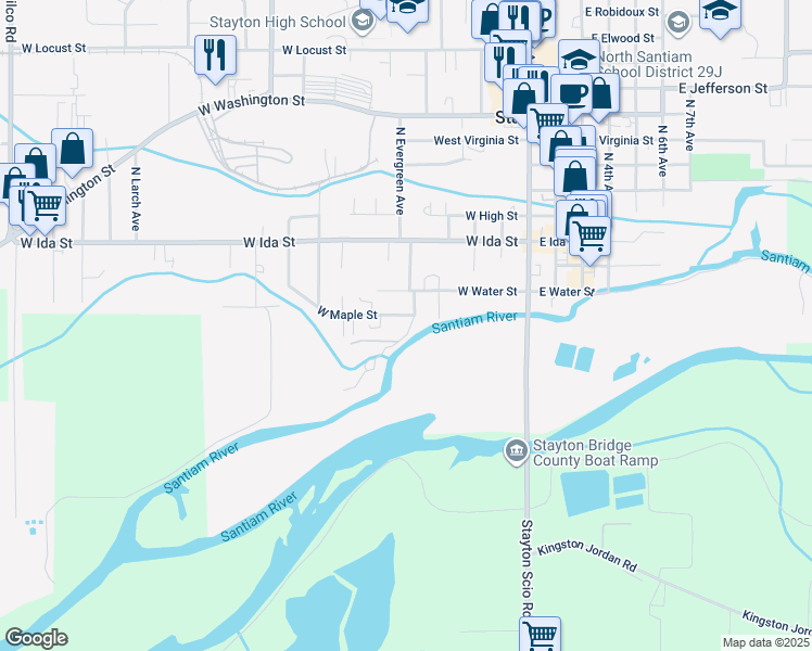 map of restaurants, bars, coffee shops, grocery stores, and more near 500 West Maple Street in Stayton
