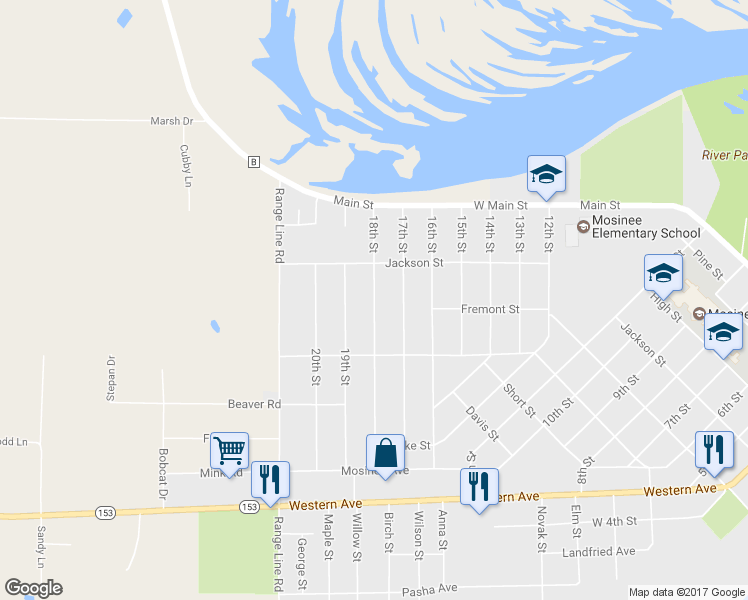 map of restaurants, bars, coffee shops, grocery stores, and more near 709 18th Street in Mosinee