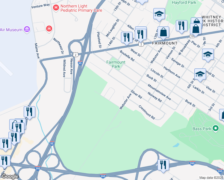 map of restaurants, bars, coffee shops, grocery stores, and more near 21 Fairways in Bangor