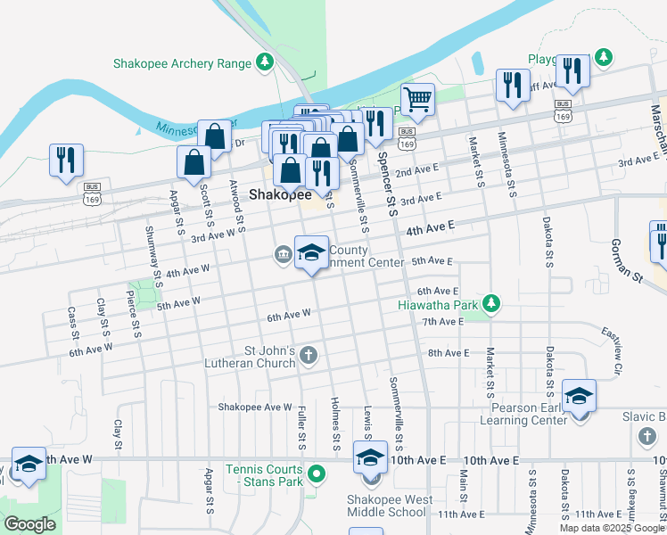 map of restaurants, bars, coffee shops, grocery stores, and more near 434 Lewis Street South in Shakopee
