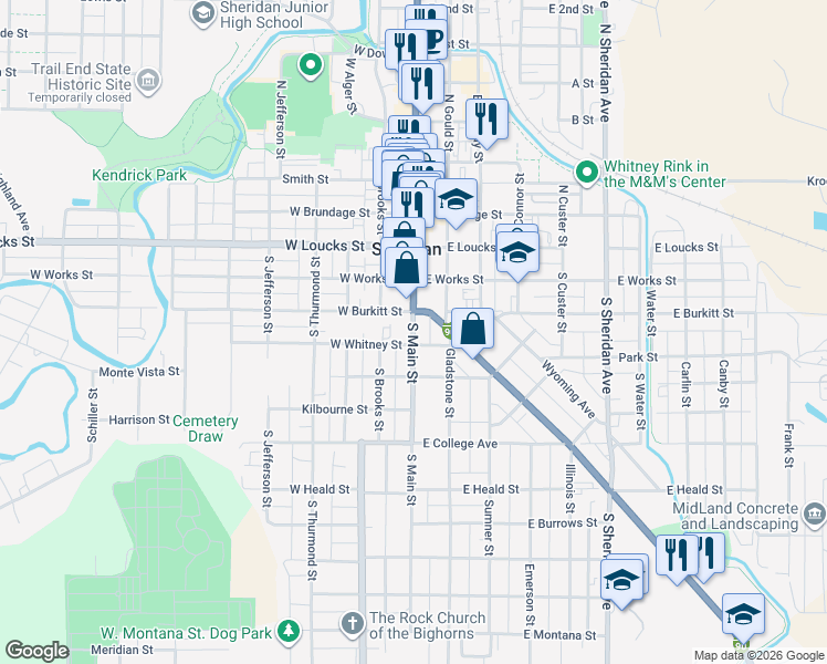 map of restaurants, bars, coffee shops, grocery stores, and more near 1 West Whitney Street in Sheridan