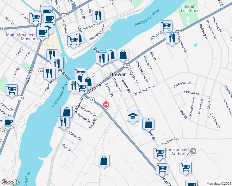 map of restaurants, bars, coffee shops, grocery stores, and more near 68 Parker Street in Brewer