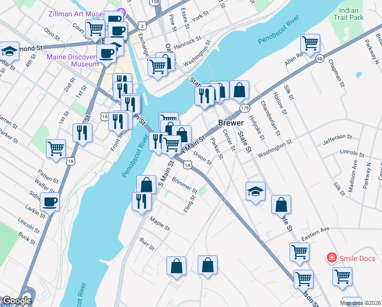 map of restaurants, bars, coffee shops, grocery stores, and more near 91 Union Street in Brewer