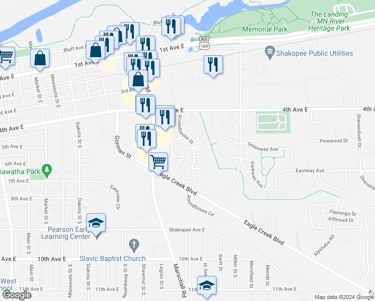 map of restaurants, bars, coffee shops, grocery stores, and more near 604 Roundhouse Street in Shakopee