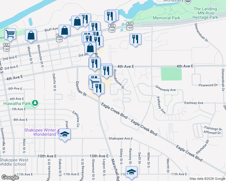 map of restaurants, bars, coffee shops, grocery stores, and more near 628 Roundhouse Street in Shakopee