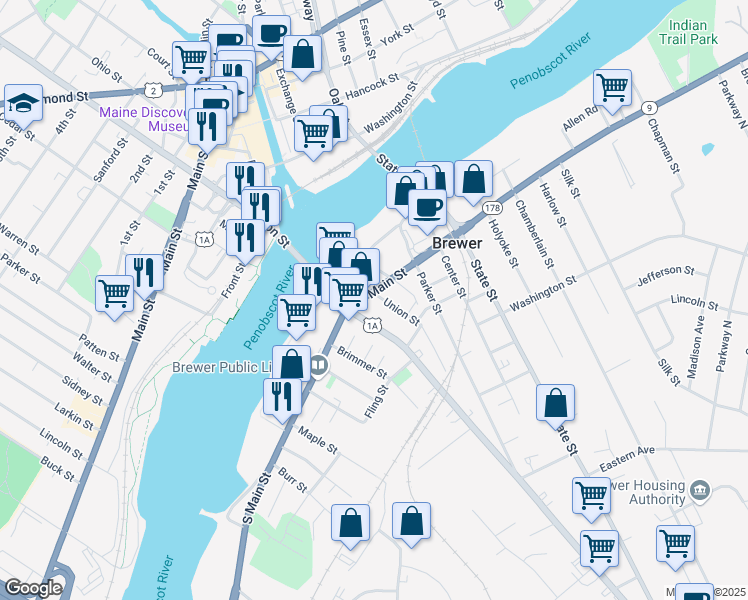 map of restaurants, bars, coffee shops, grocery stores, and more near 91 Union Street in Brewer