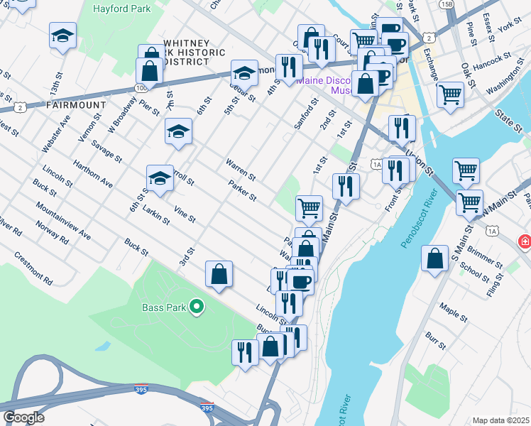 map of restaurants, bars, coffee shops, grocery stores, and more near 88 Patten Street in Bangor