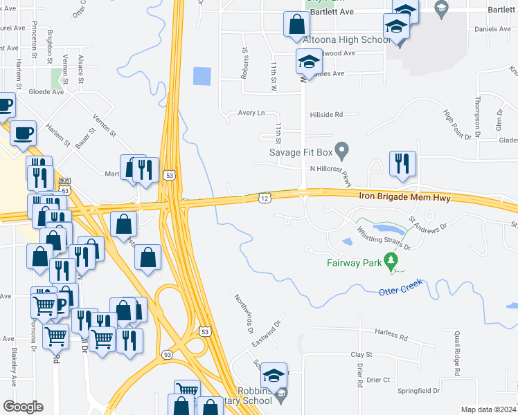 map of restaurants, bars, coffee shops, grocery stores, and more near 3701 East Clairemont Avenue in Eau Claire