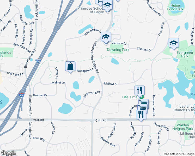 map of restaurants, bars, coffee shops, grocery stores, and more near 1671 Mallard Drive in Eagan
