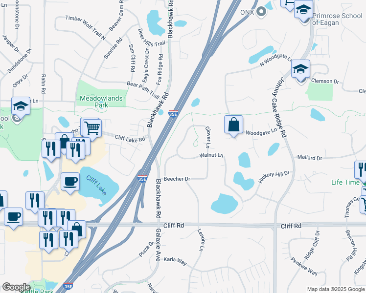map of restaurants, bars, coffee shops, grocery stores, and more near 1829 Walnut Lane in Eagan