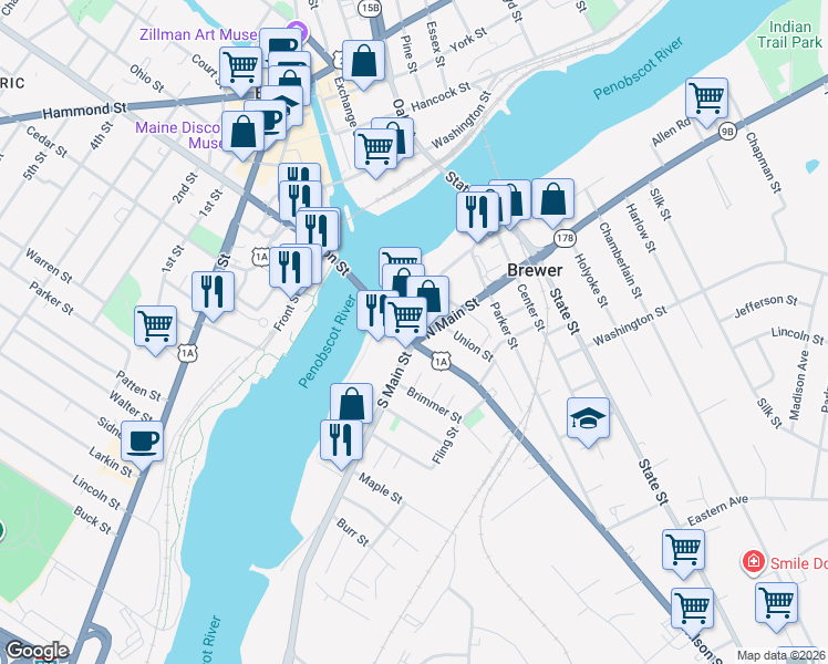 map of restaurants, bars, coffee shops, grocery stores, and more near 20 State Route 9 in Brewer