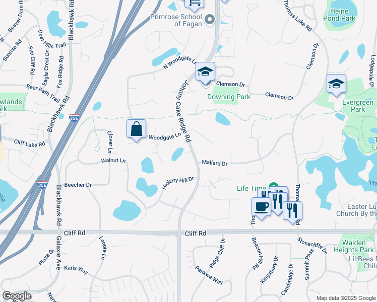 map of restaurants, bars, coffee shops, grocery stores, and more near 1671 Mallard Drive in Eagan
