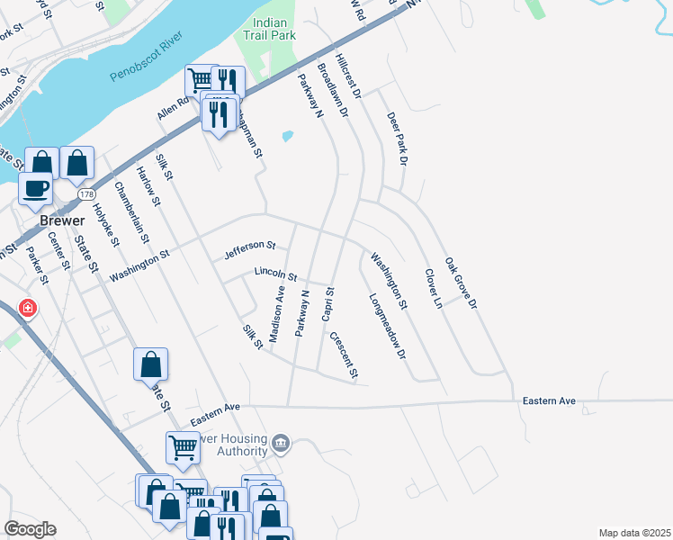 map of restaurants, bars, coffee shops, grocery stores, and more near 49 Capri Street in Brewer