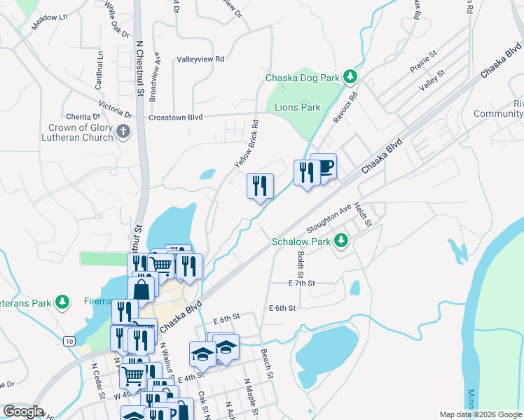 map of restaurants, bars, coffee shops, grocery stores, and more near 2880 Chaska Blvd in Chaska