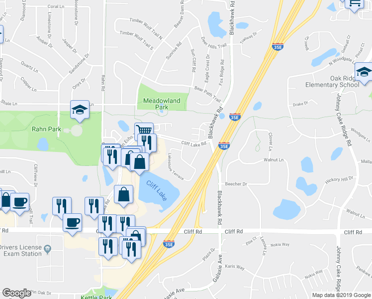 map of restaurants, bars, coffee shops, grocery stores, and more near 1853 Cliff Lake Court in Eagan
