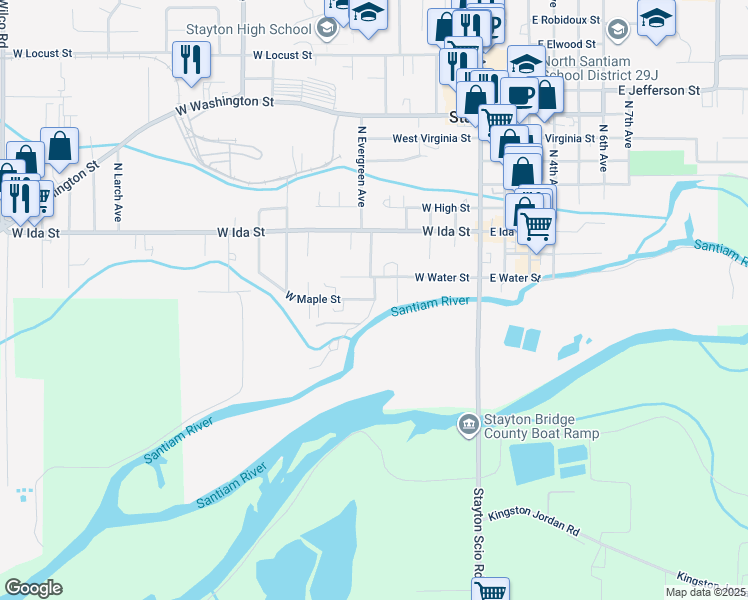 map of restaurants, bars, coffee shops, grocery stores, and more near 500 West Maple Street in Stayton