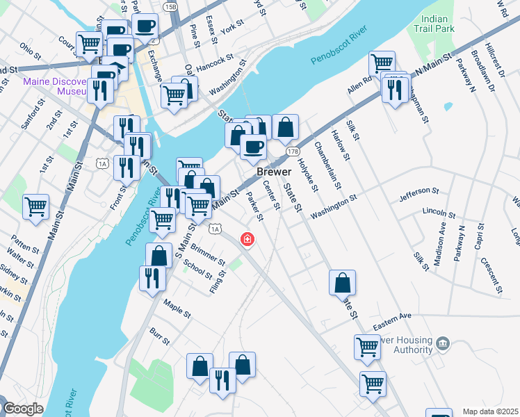 map of restaurants, bars, coffee shops, grocery stores, and more near 5 East Summer Street in Brewer