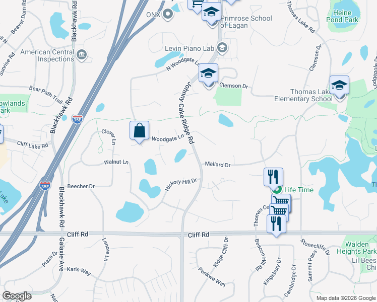 map of restaurants, bars, coffee shops, grocery stores, and more near 4474 Johnny Cake Ridge Road in Eagan