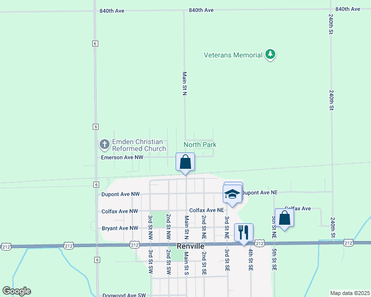 map of restaurants, bars, coffee shops, grocery stores, and more near 606 Main Street North in Renville
