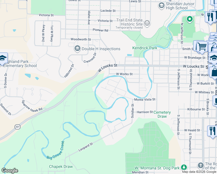 map of restaurants, bars, coffee shops, grocery stores, and more near 418 North B Avenue in Sheridan