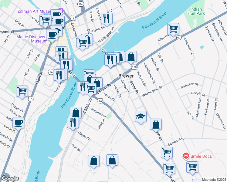 map of restaurants, bars, coffee shops, grocery stores, and more near 5 East Summer Street in Brewer