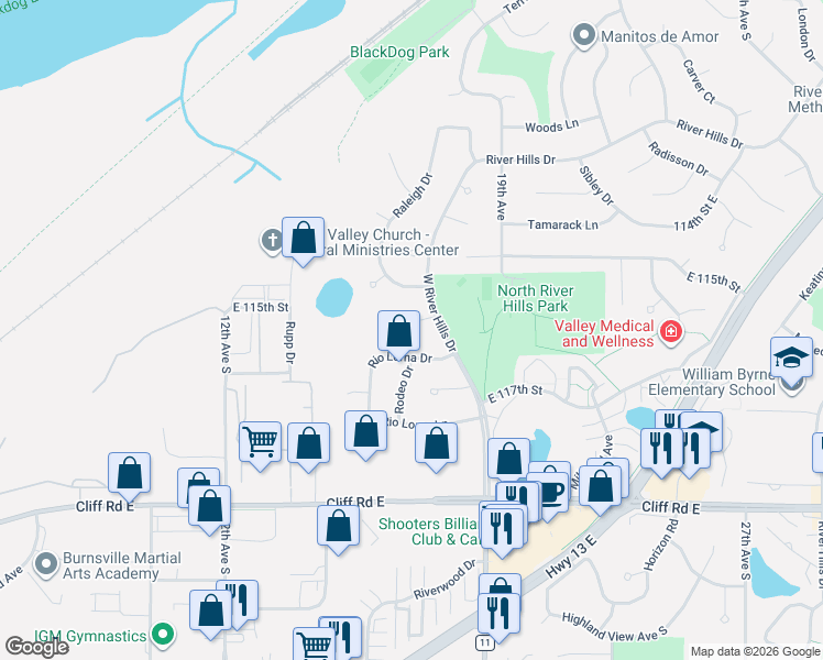 map of restaurants, bars, coffee shops, grocery stores, and more near 1708 Rio Loma Drive in Burnsville