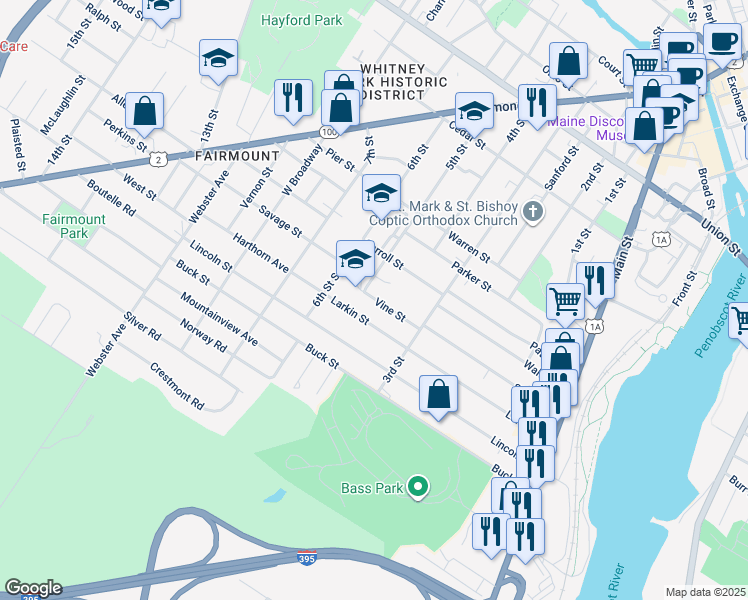 map of restaurants, bars, coffee shops, grocery stores, and more near 66 Vine Street in Bangor