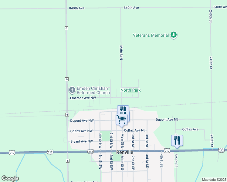 map of restaurants, bars, coffee shops, grocery stores, and more near 606 Main Street North in Renville