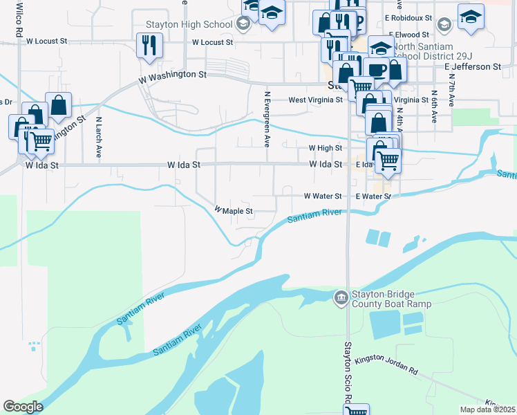 map of restaurants, bars, coffee shops, grocery stores, and more near 595 West Water Street in Stayton