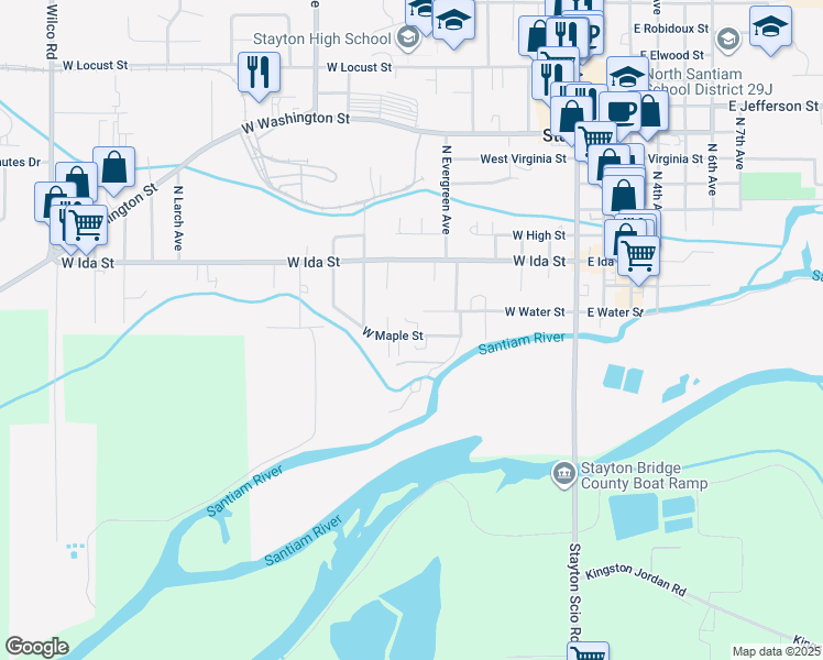 map of restaurants, bars, coffee shops, grocery stores, and more near 595 West Water Street in Stayton