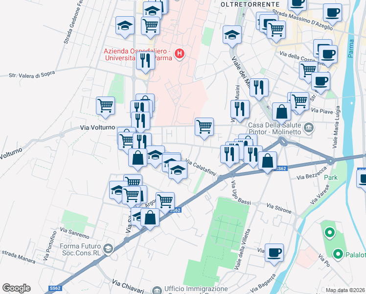 map of restaurants, bars, coffee shops, grocery stores, and more near 1-7 Via Bruno Ferrari in Parma