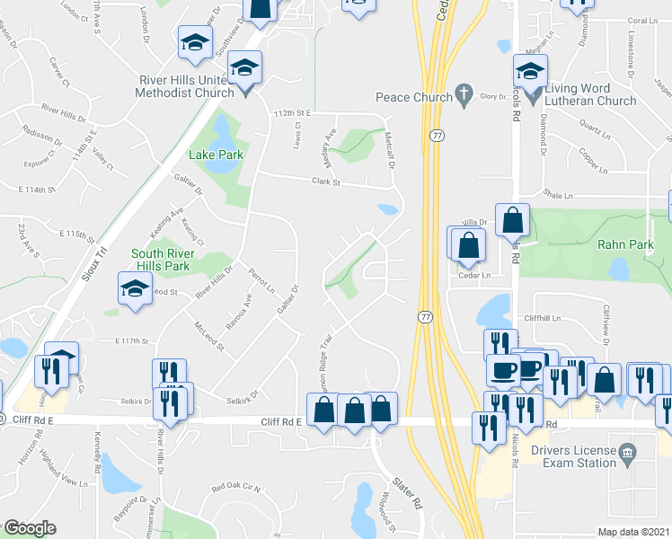 map of restaurants, bars, coffee shops, grocery stores, and more near 4468 Slater Road in Eagan