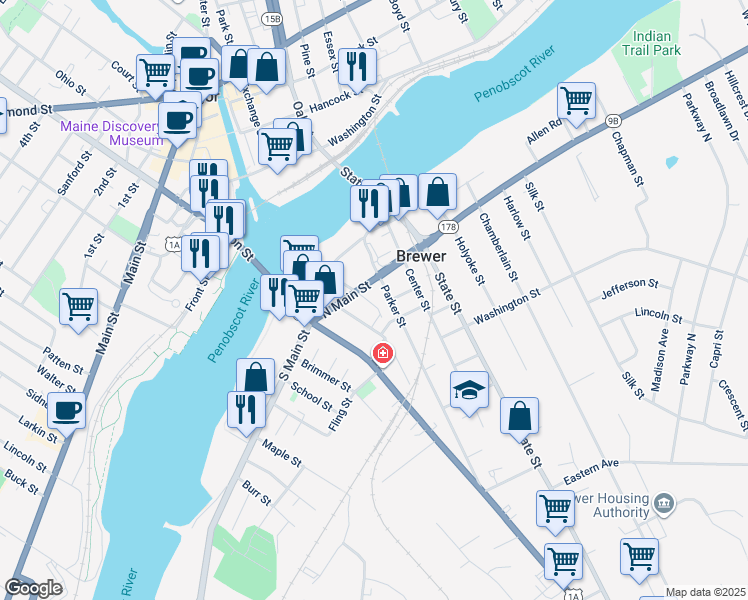 map of restaurants, bars, coffee shops, grocery stores, and more near 140 Church Street in Brewer