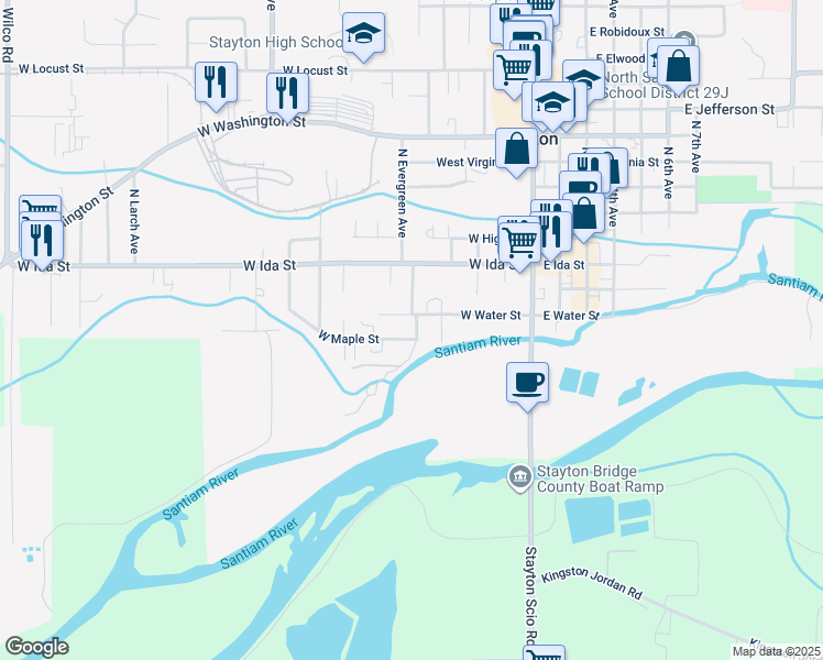 map of restaurants, bars, coffee shops, grocery stores, and more near 120 North Evergreen Avenue in Stayton