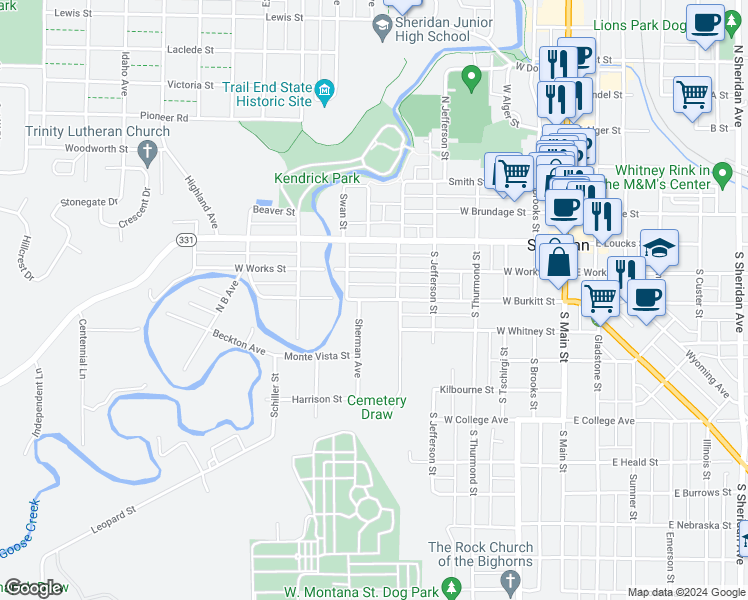 map of restaurants, bars, coffee shops, grocery stores, and more near 516 West Works Street in Sheridan