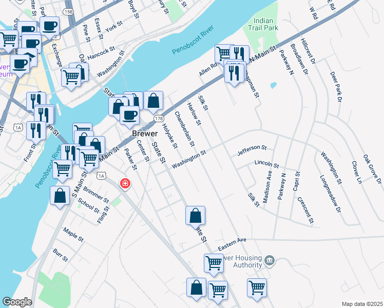 map of restaurants, bars, coffee shops, grocery stores, and more near 66 Chamberlain Street in Brewer