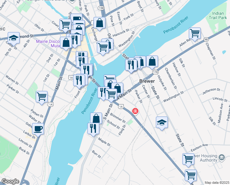 map of restaurants, bars, coffee shops, grocery stores, and more near 1 Union Street in Brewer