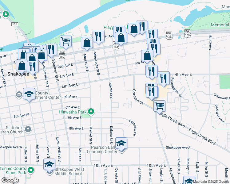 map of restaurants, bars, coffee shops, grocery stores, and more near 438 Dakota Street South in Shakopee