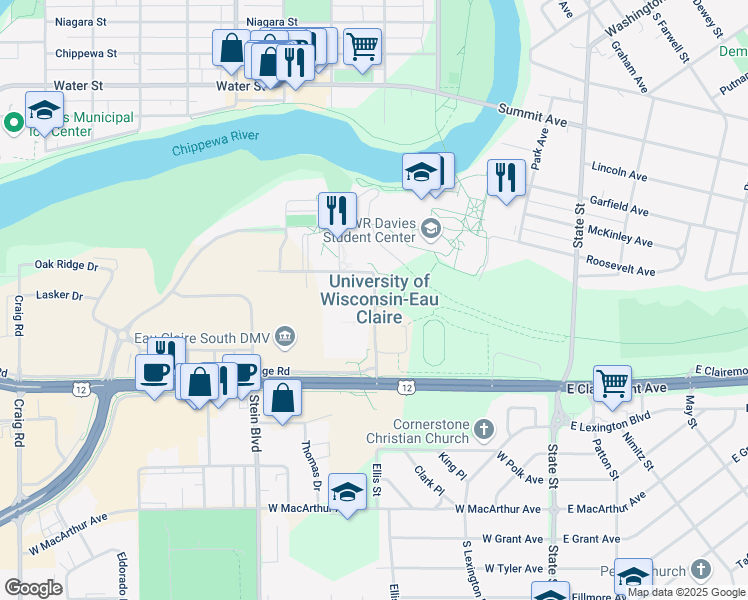 map of restaurants, bars, coffee shops, grocery stores, and more near 105 Garfield Avenue in Eau Claire